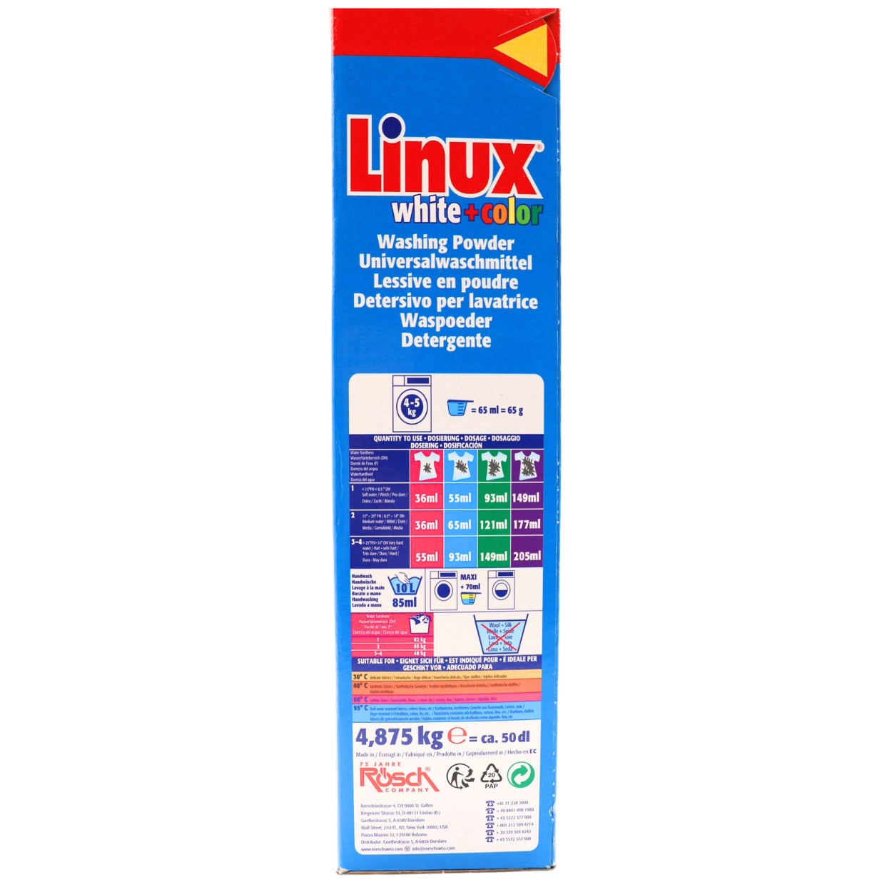 Linux White + Color Universalwaschmittel in der 4,875 kg Tragepackung