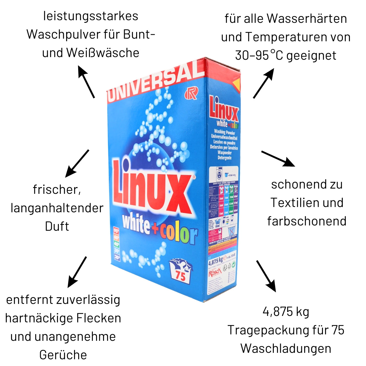 Linux White + Color Universalwaschmittel in der 4,875 kg Tragepackung