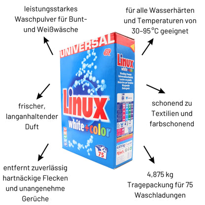 Linux White + Color Universalwaschmittel in der 4,875 kg Tragepackung